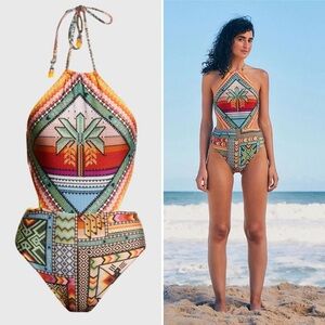 Farm Rio Banana Scarves Halter One Piece Swimsuit Cutout Multicolor Size Large